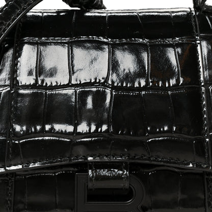Balenciaga Shiny Calfskin Monochrome Crocodile Embossed Hourglass Top Handle Bag XS Black 9 of 11