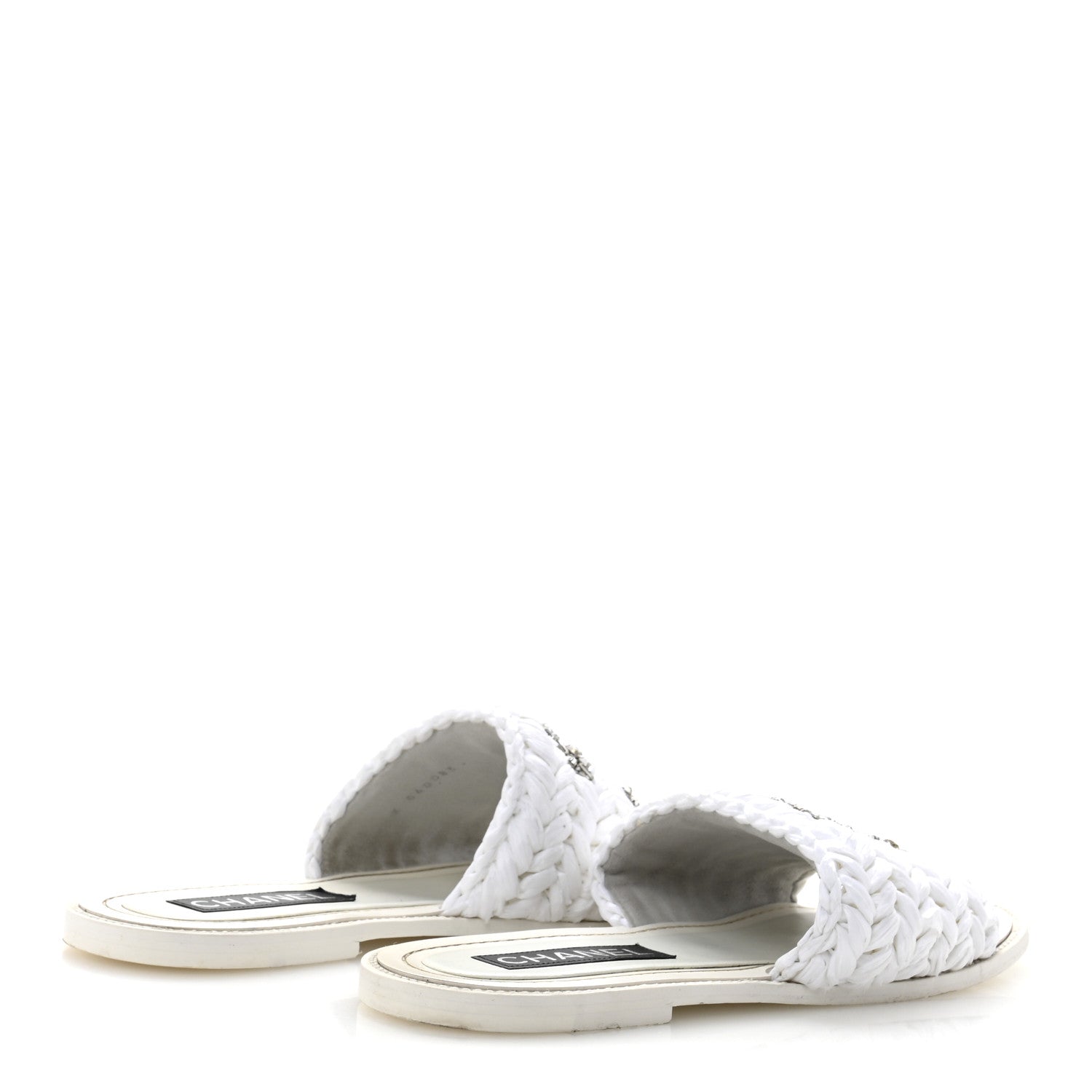 Chanel Raffia Crystal CC Mules Sandals 39 White 5 of 10