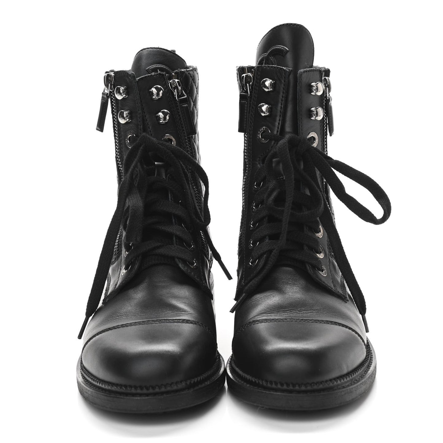 Calfskin Quilted Lace Up Boots 39 Black