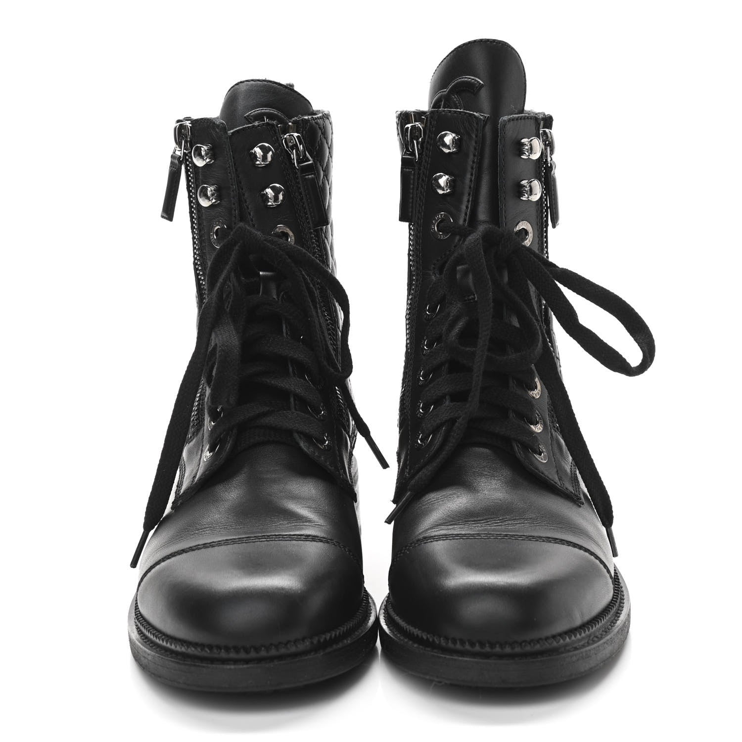 Chanel Calfskin Quilted Lace Up Boots 39 Black 2 of 9