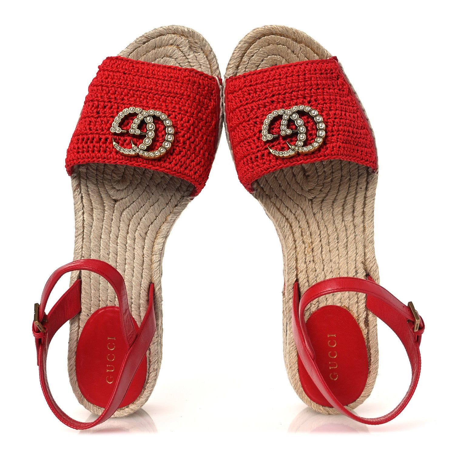 Gucci Cotton Malaga Kid Crochet Pearly GG Lilibeth Espadrille Platform Sandals 39 Hibiscus Red 2 of 11