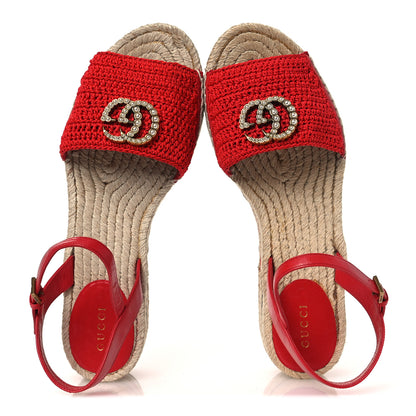 Gucci Cotton Malaga Kid Crochet Pearly GG Lilibeth Espadrille Platform Sandals 39 Hibiscus Red 2 of 11