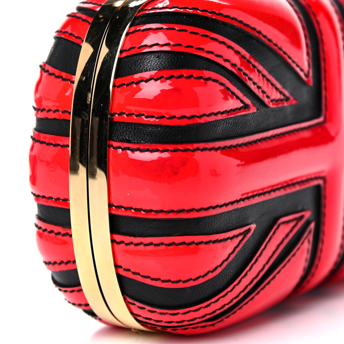 Patent Calfskin Britannia Skull Box Clutch Red Black