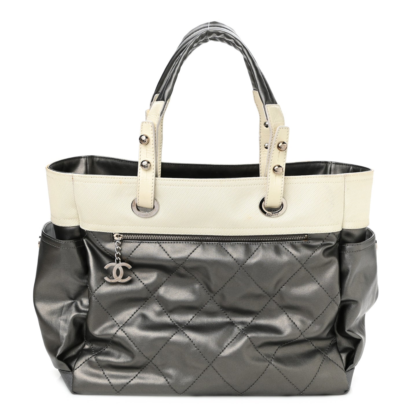 Coated Canvas Quilted Large Paris Biarritz Tote Silver