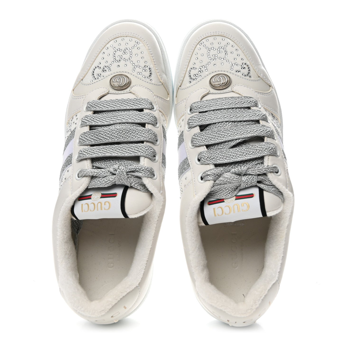 Calfskin GG Supreme Crystals Web Screener Sneakers 38 White Silver