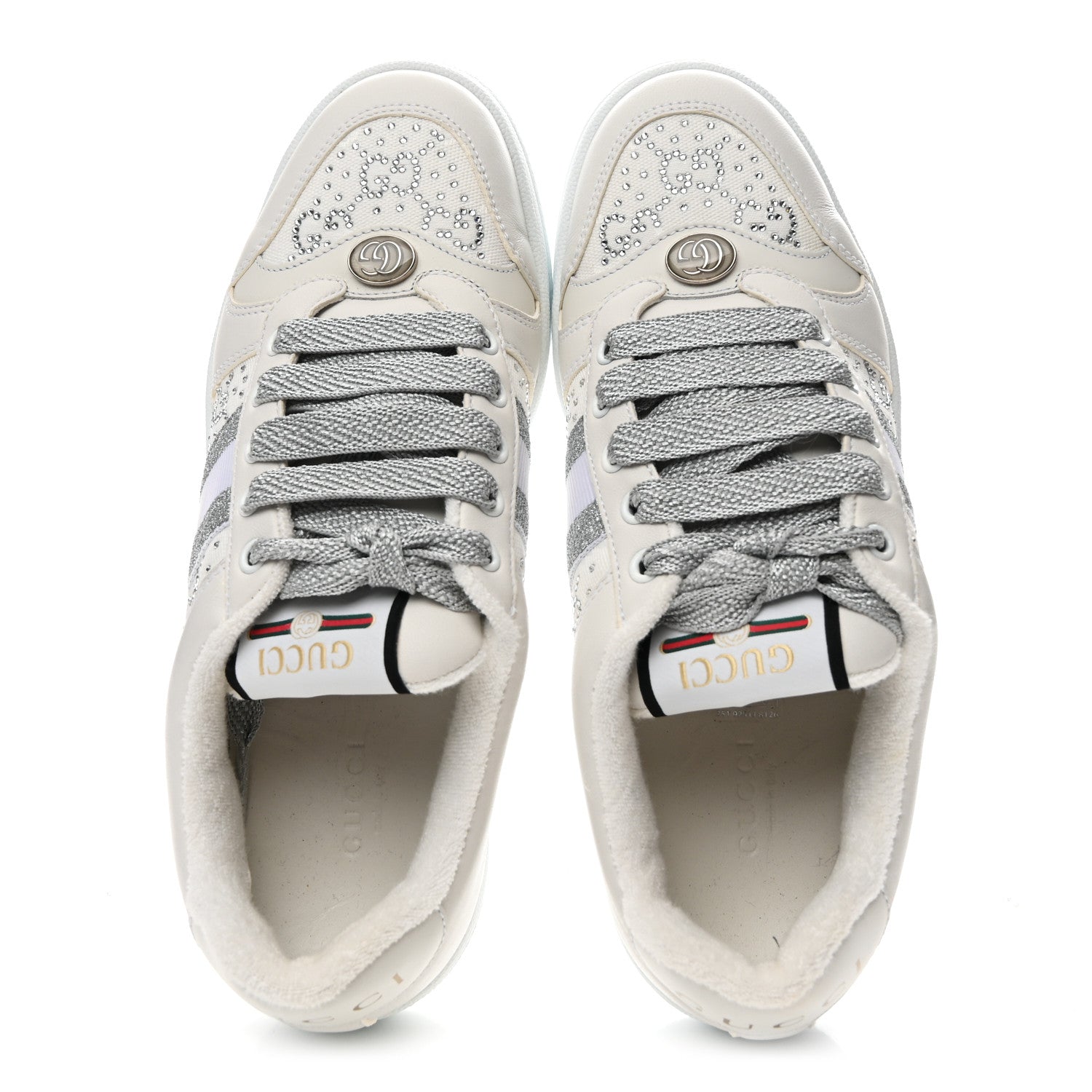 Gucci Calfskin GG Supreme Crystals Web Screener Sneakers 38 White Silver 2 of 9
