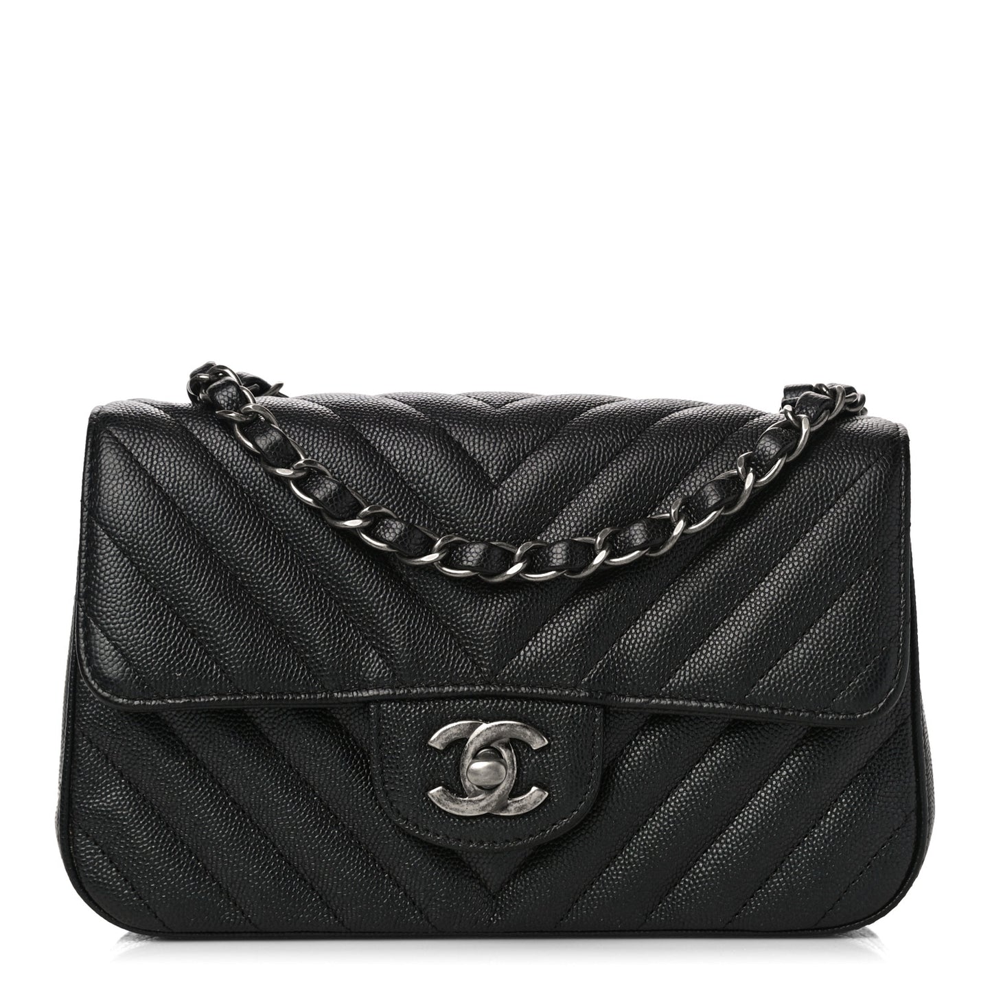 Caviar Chevron Quilted Mini Rectangular Flap Black
