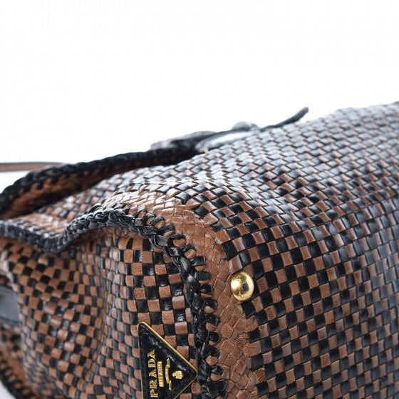 Prada Goatskin Woven Top Handle Satchel Black Tan 13 of 20
