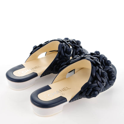 Chanel Lambskin Camellia Sandals 38 Dark Navy Blue 4 of 8