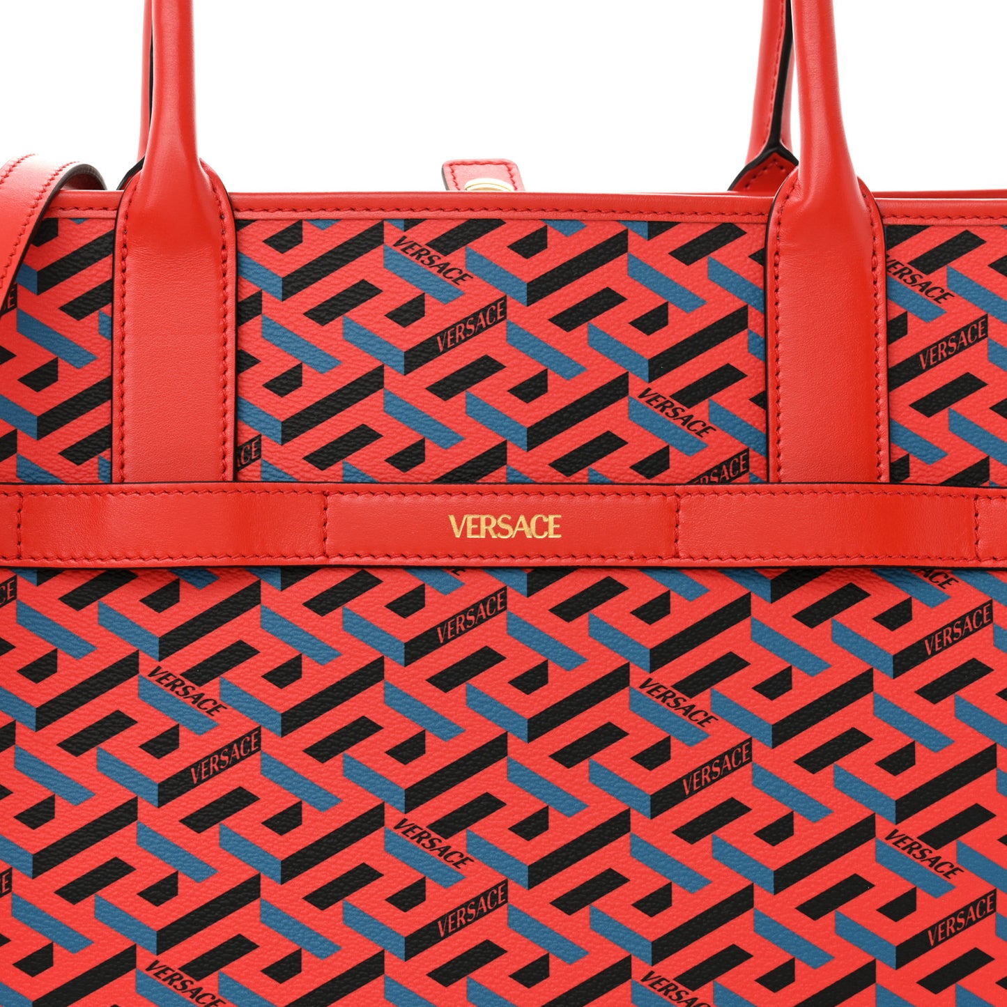 Coated Canvas Calfskin La Greca Signature Tote Bag Blue Red