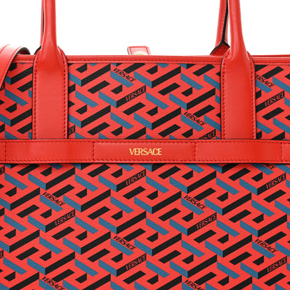 Versace Coated Canvas Calfskin La Greca Signature Tote Bag Blue Red 7 of 9
