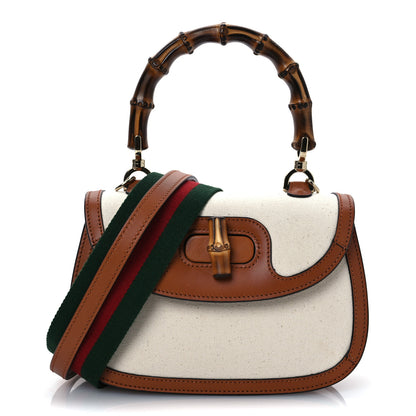 Gucci Canvas Calfskin Web Small Bamboo 1947 Top Handle Bag Greggio Harness Brown 1 of 14