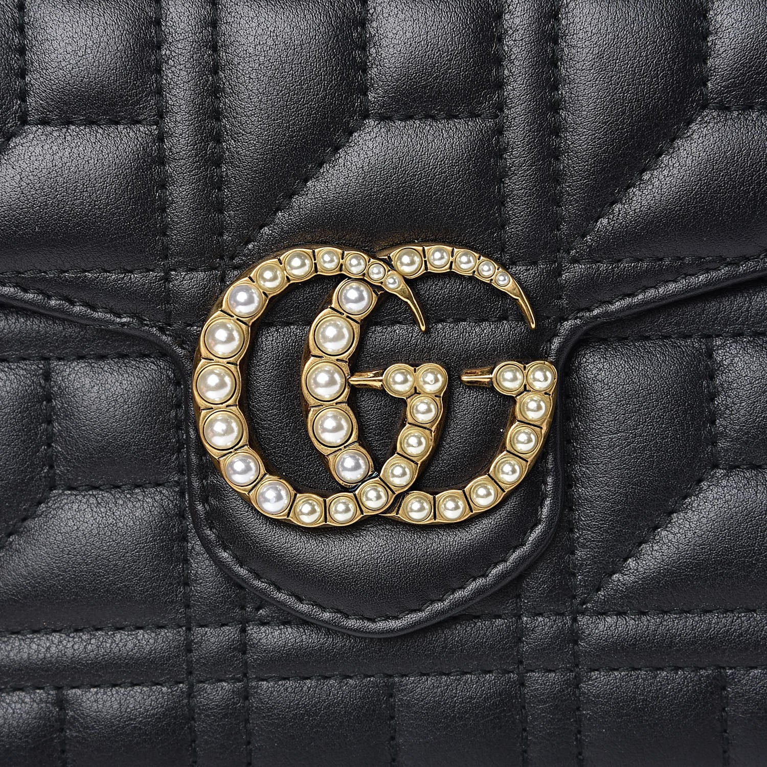 Gucci Calfskin Matelasse Mini Pearly GG Marmont Chain Wallet Black 7 of 9