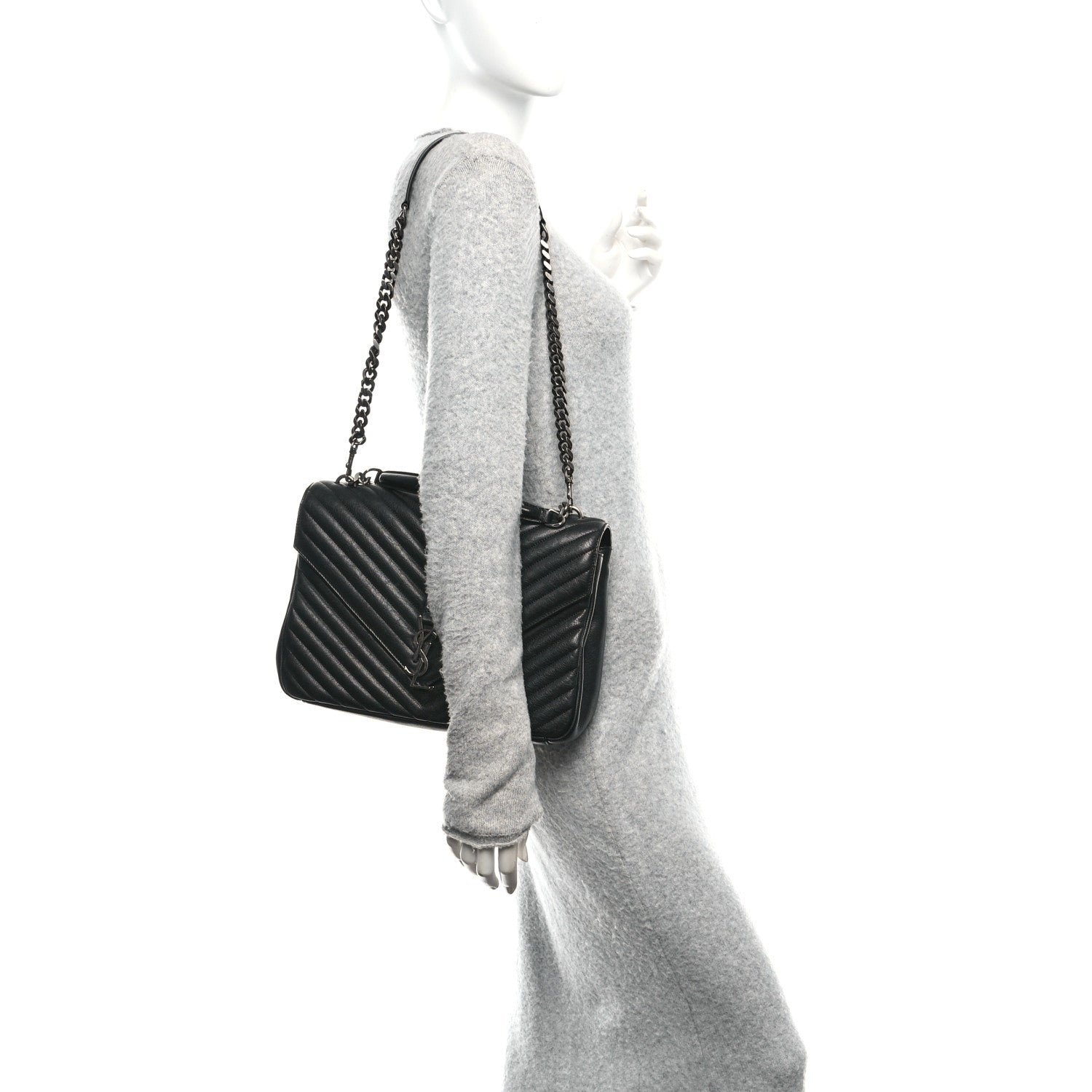 Saint Laurent Sheepskin Matelasse Chevron Monogram Large College Satchel Black 2 of 13