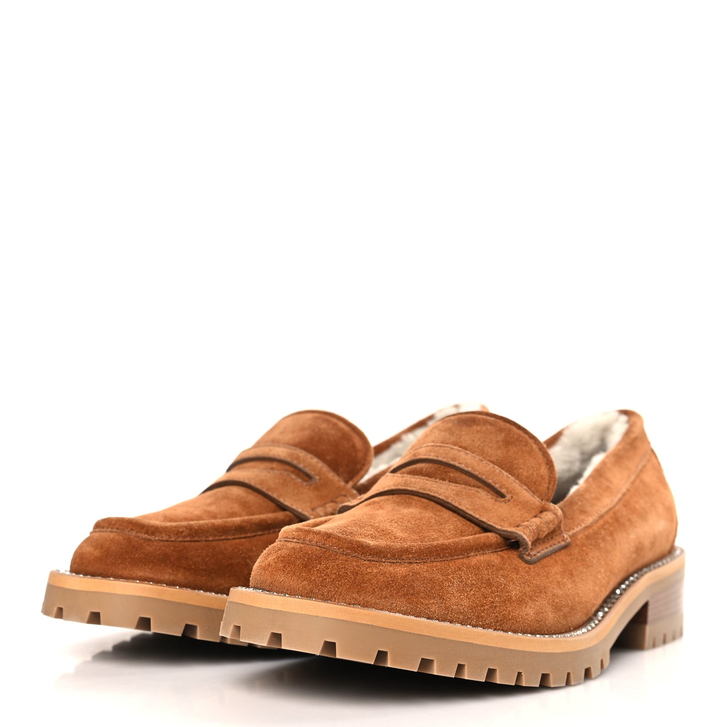 Suede Shearling Crystal Deanna Penny Loafers 37.5 Natural Tan