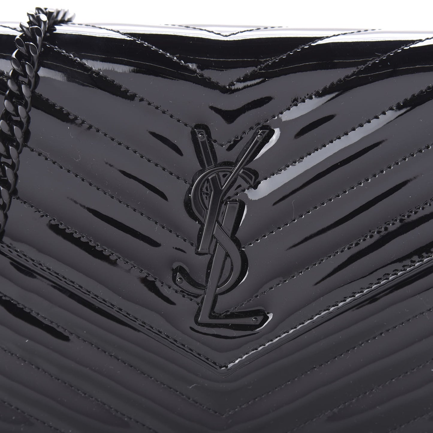 Patent Matelasse Chevron Monogram Chain Wallet Black