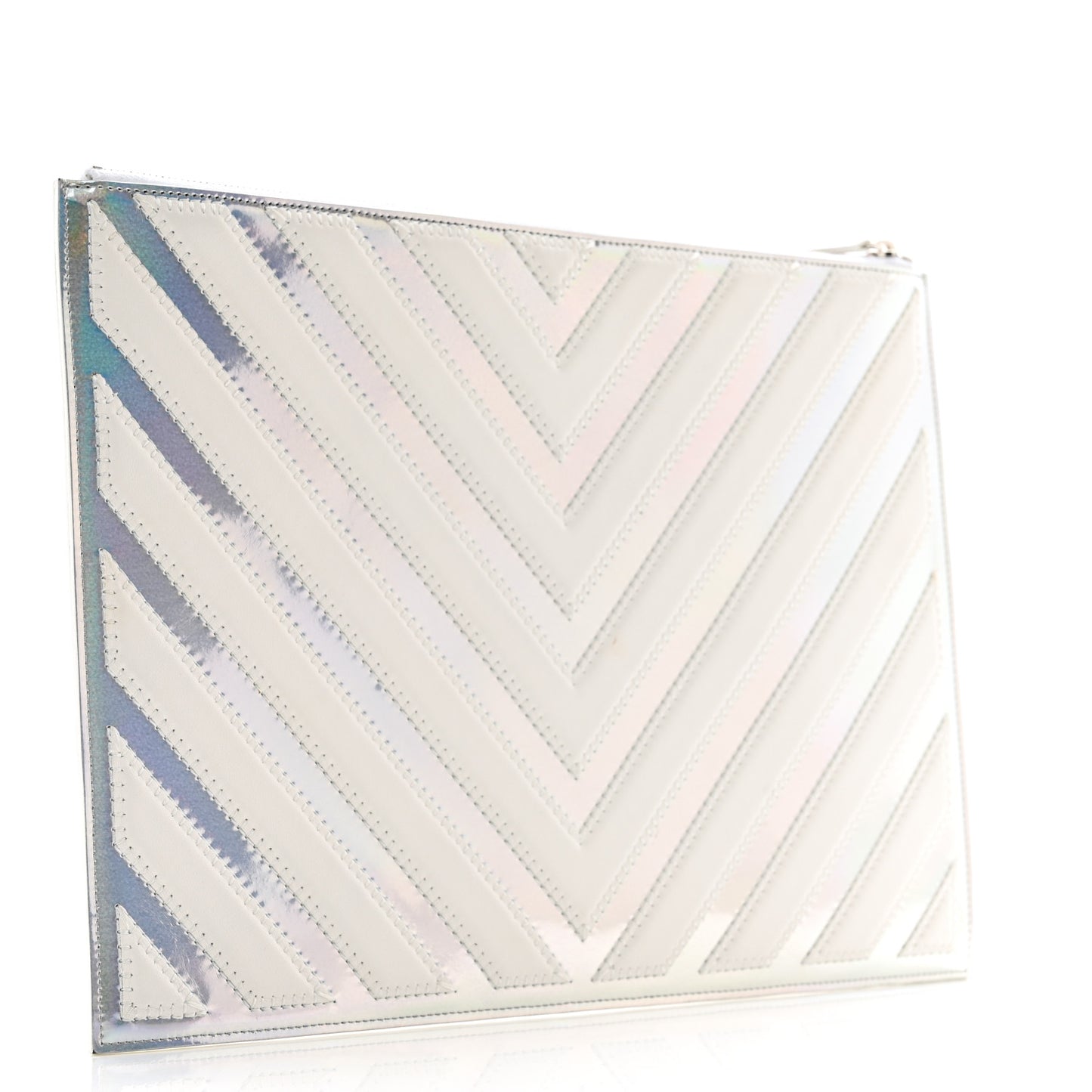 Lambskin Metallic Chevron Zip Pouch White Silver
