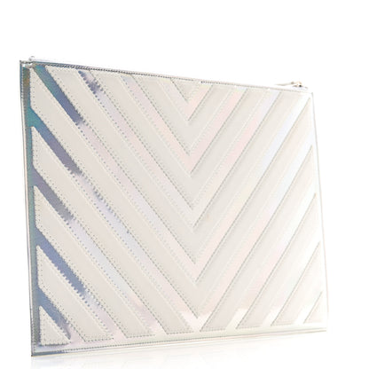 Chanel Lambskin Metallic Chevron Zip Pouch White Silver 3 of 9