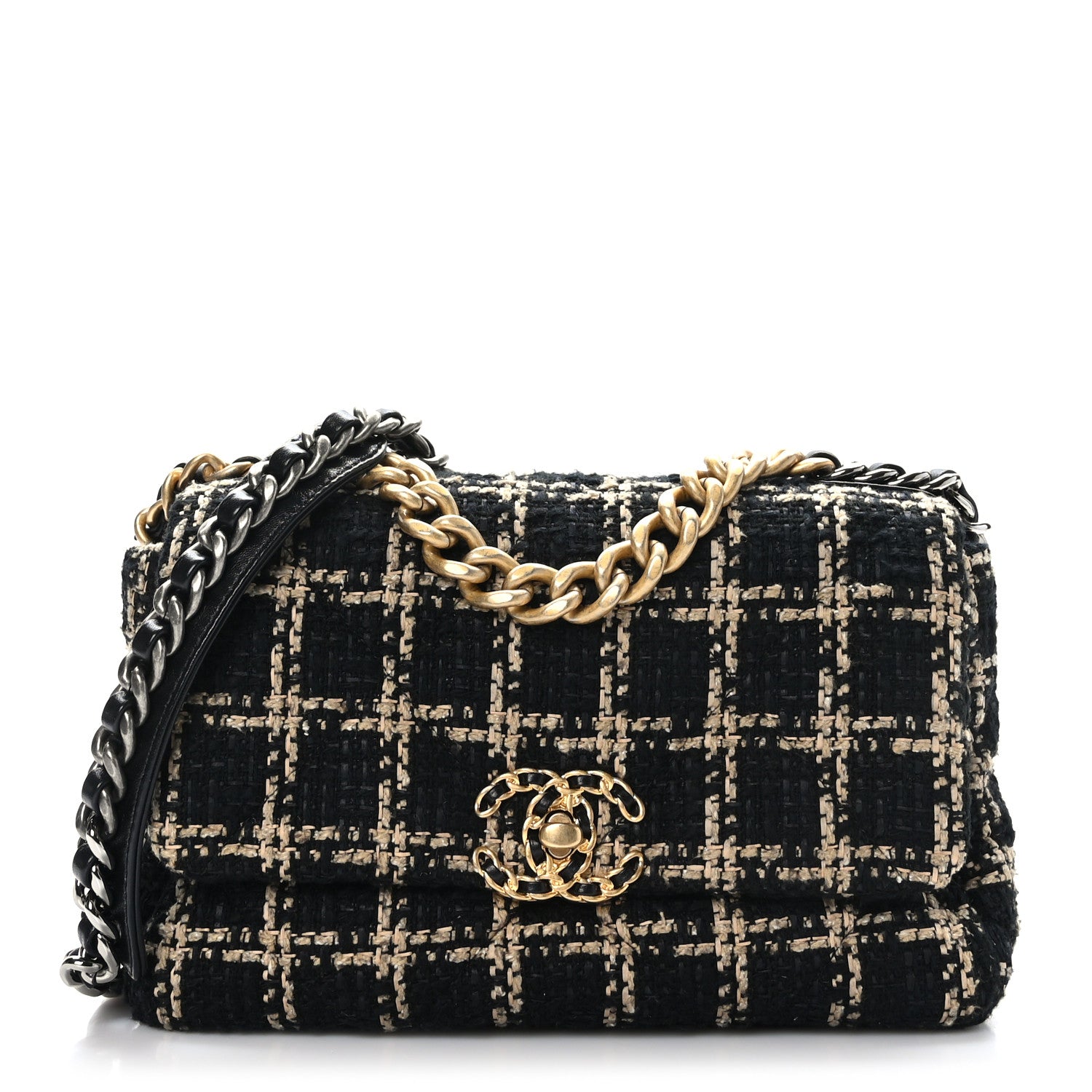 Chanel Tweed Quilted Medium Chanel 19 Flap Black Beige 1 of 9