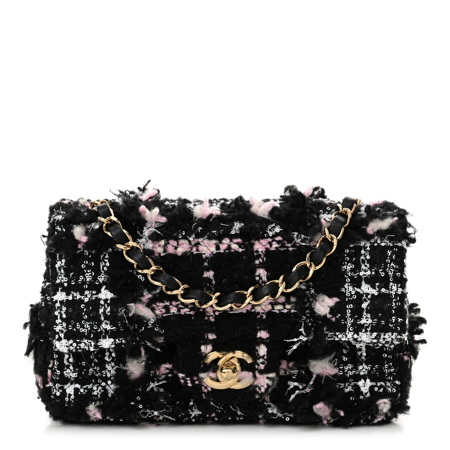 Tweed Sequin Mini Rectangular Flap Black Pink Multicolor