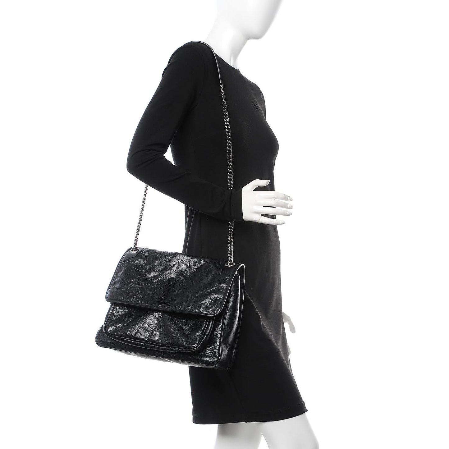 Crinkled Calfskin Matelasse Monogram Large Niki Chain Satchel Black