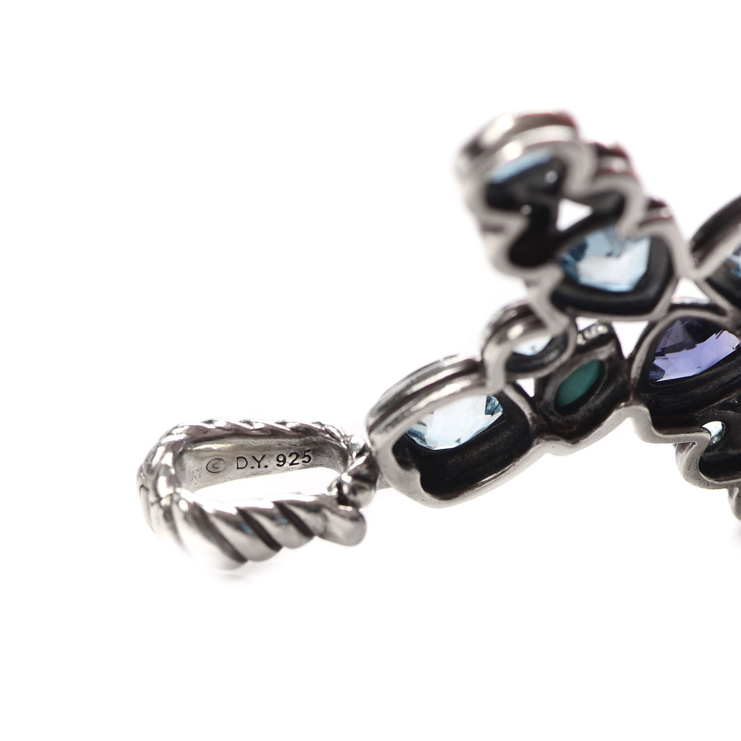Sterling Silver Diamond Blue Topaz Turquoise Iolite Mosaic Cross Pendant