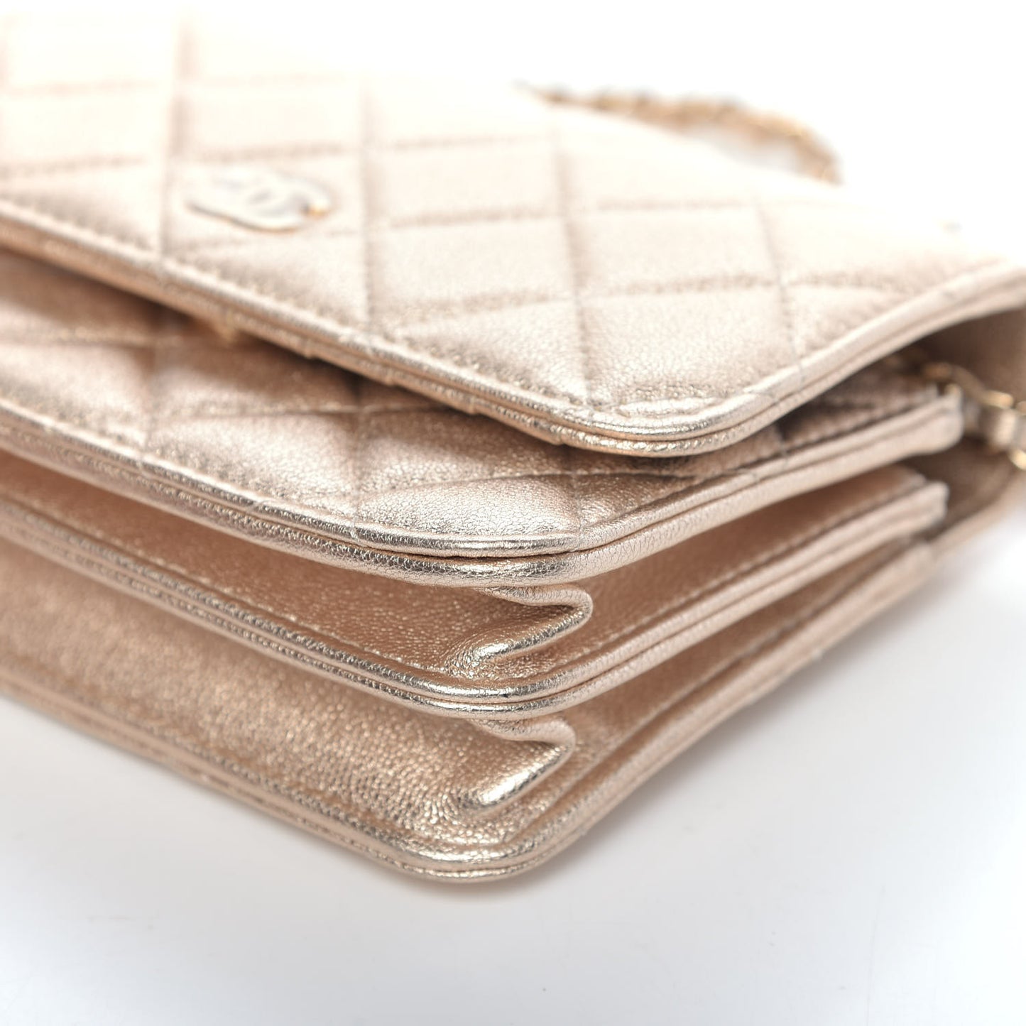 Metallic Lambskin Quilted Mini Wallet On Chain WOC Gold