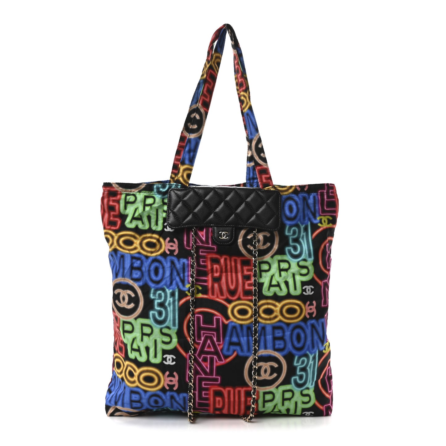 Caviar Fabric Graffiti Foldable Tote Bag With Chain Black Multicolor