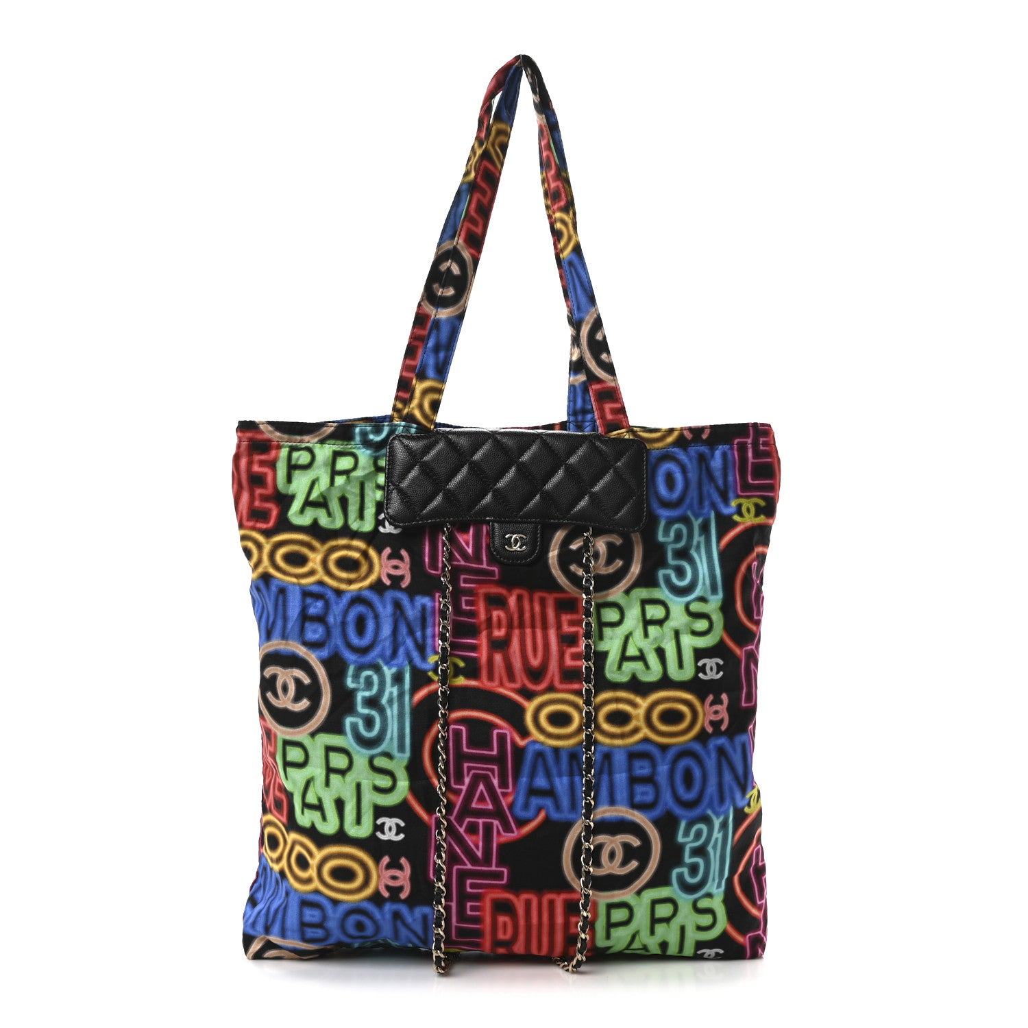 Chanel Caviar Fabric Graffiti Foldable Tote Bag With Chain Black Multicolor 1 of 11
