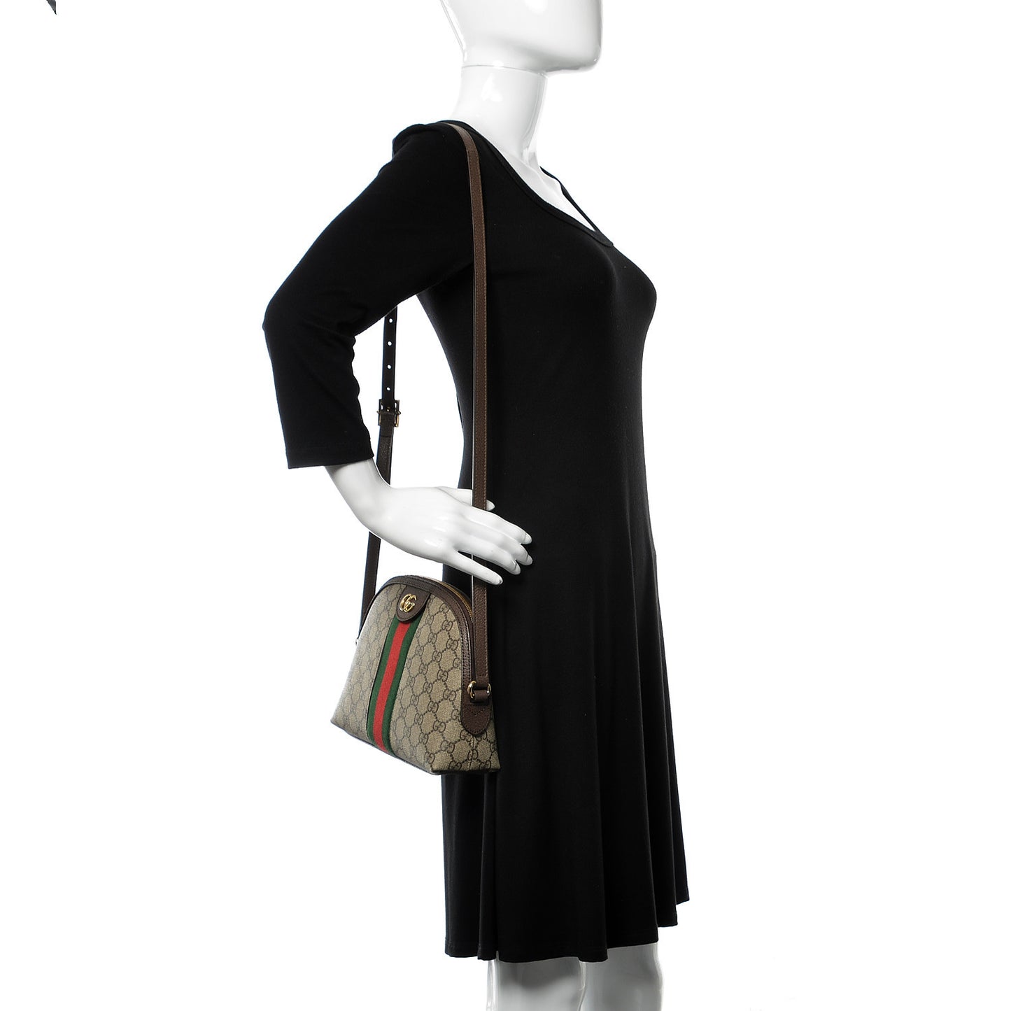 GG Supreme Monogram Textured Dollar Calfskin Web Small Ophidia Dome Shoulder Bag Beige Ebony New Acero