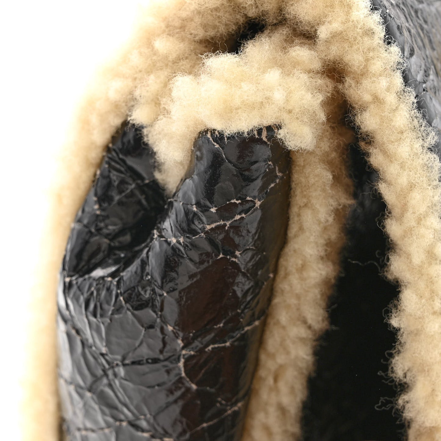 Shiny Crumpled Sheepskin Shearling CC Mania Flap Bag Black Beige