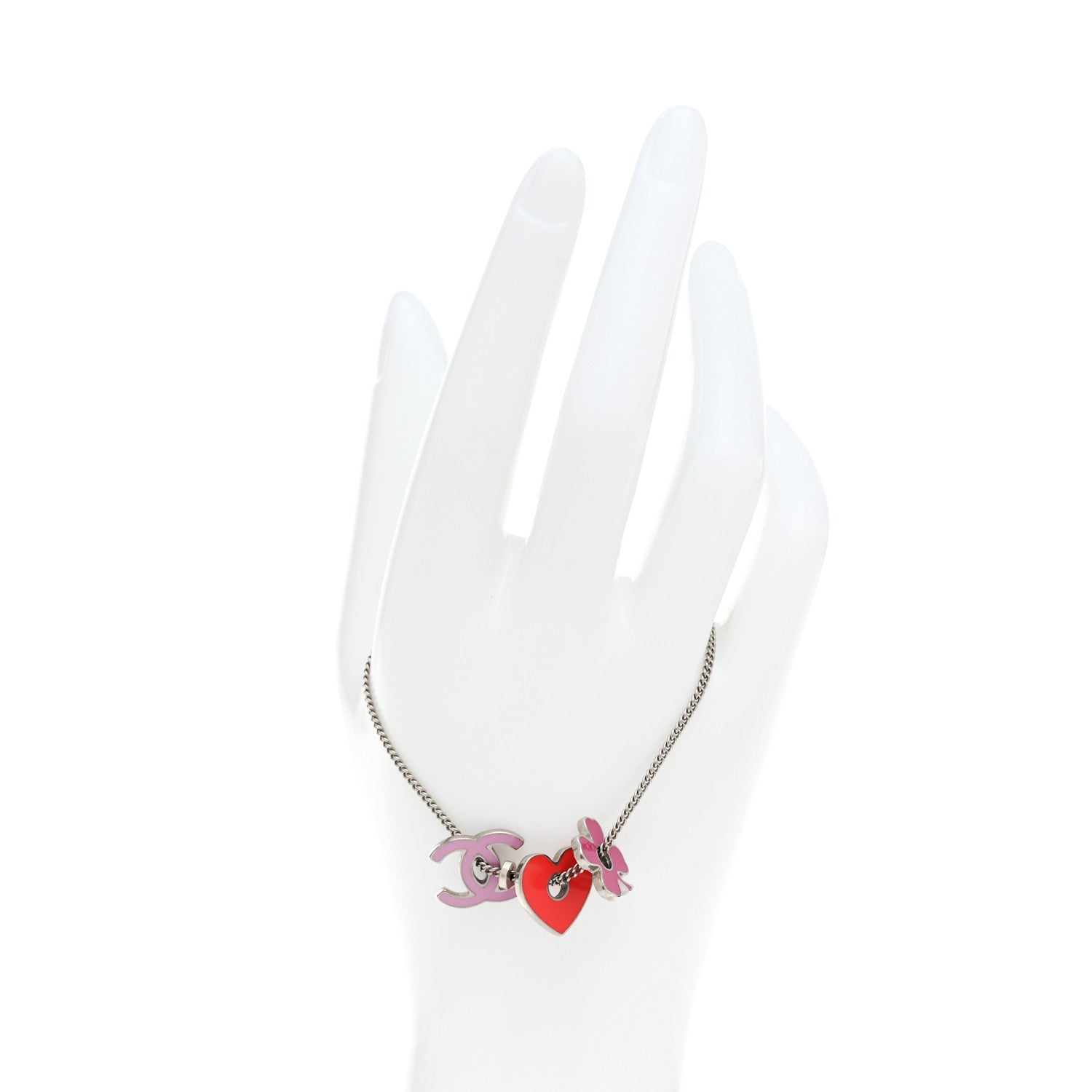 Chanel Enamel Heart CC Charm Bracelet Red Pink Silver 2 of 5