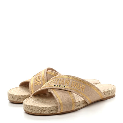 Christian Dior Canvas Embroidered Granville Espadrille Crisscross Flat Slide Sandals 37.5 Gold 3 of 9