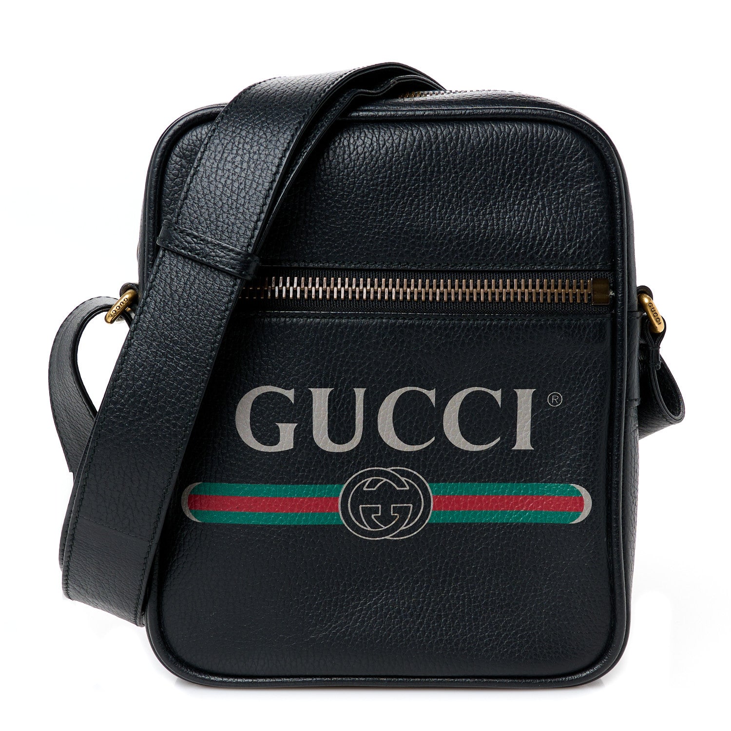 Gucci Grained Calfskin Logo Messenger Bag Black 1 of 12