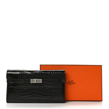 Hermes Shiny Alligator Kelly Longue Wallet Black 7 of 7
