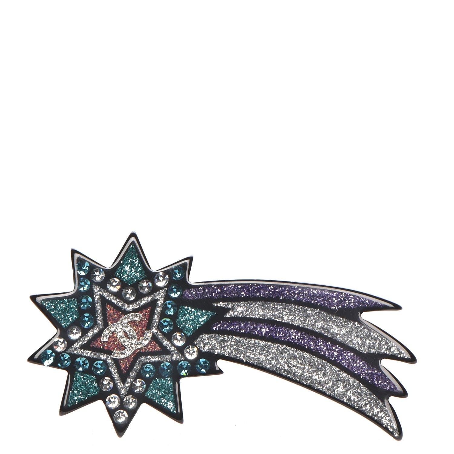 Chanel Glittered Resin Strass Shooting Star Brooch Black Purple Green 1 of 5
