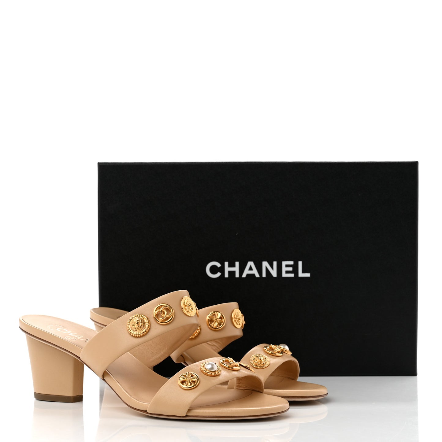 Chanel Lambskin Jeweled Mules 40 Beige