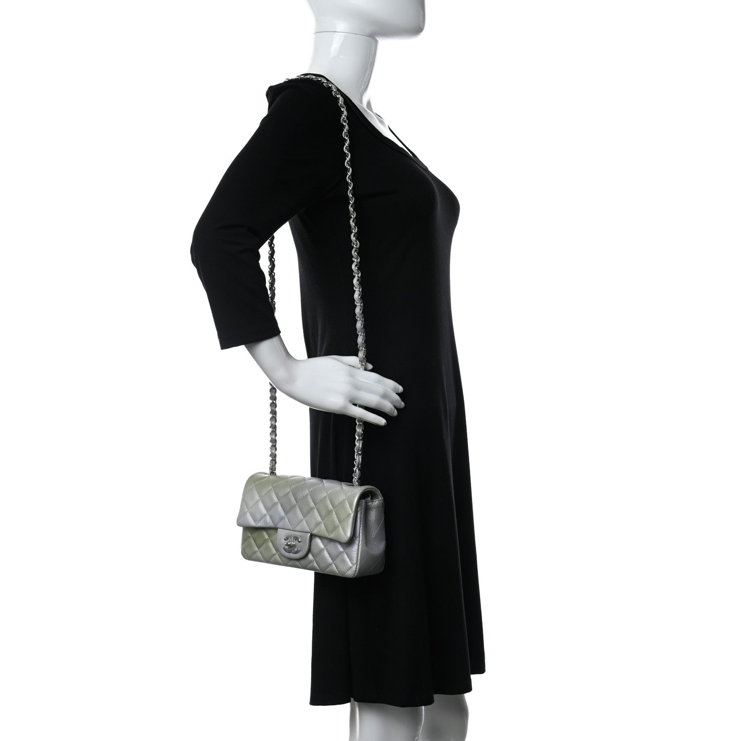 Chanel Metallic Goatskin Quilted Mini Rectangular Flap Grey Green 2 of 10
