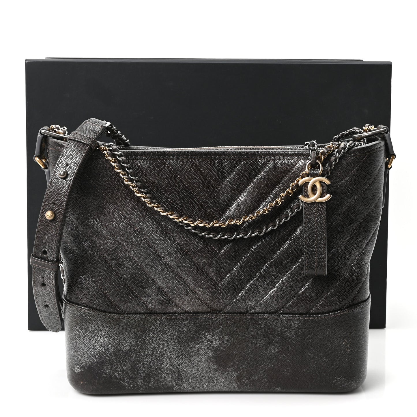 Metallic Caviar Chevron Quilted Medium Gabrielle Hobo Dark Silver Gold
