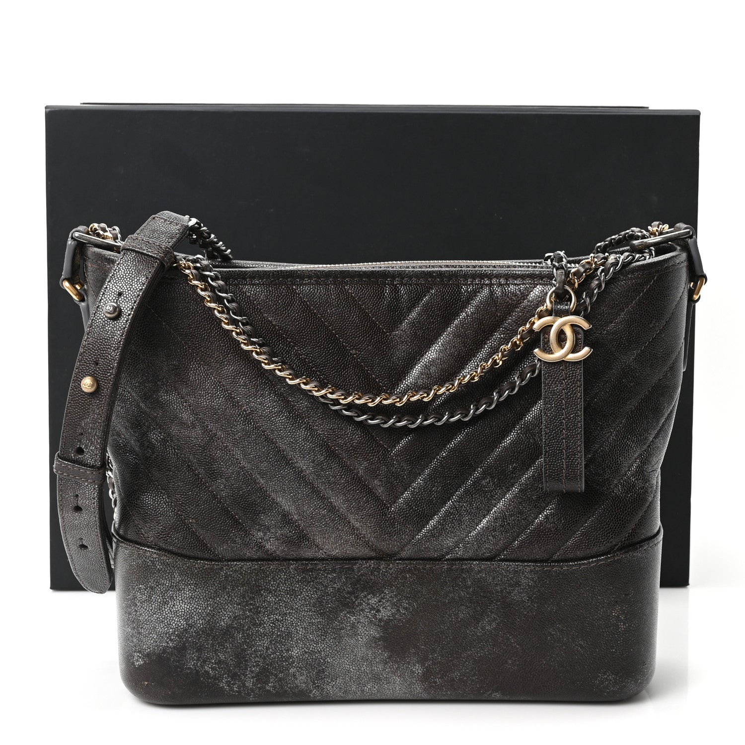 Chanel Metallic Caviar Chevron Quilted Medium Gabrielle Hobo Dark Silver Gold 11 of 11