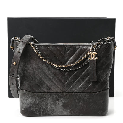 Chanel Metallic Caviar Chevron Quilted Medium Gabrielle Hobo Dark Silver Gold 11 of 11