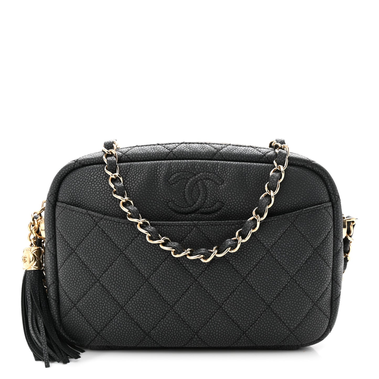 Iridescent Caviar Quilted Small Coco Tassel Camera Case Black