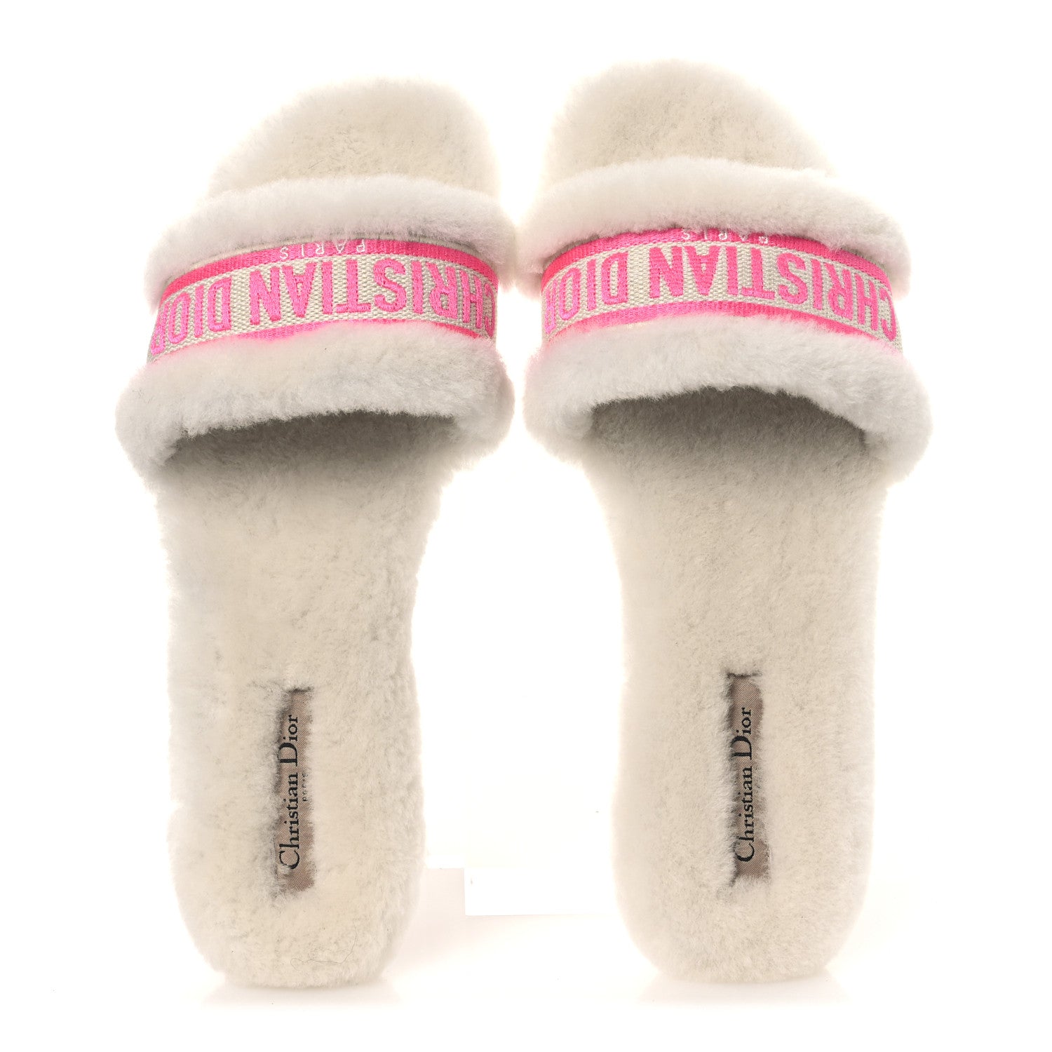Christian Dior Shearling Canvas Embroidered Chez Moi Slide Sandal 40 White Pink 2 of 11