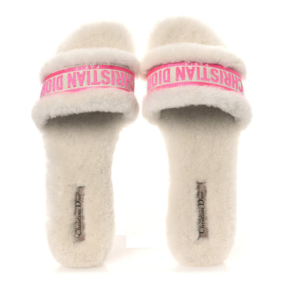 Christian Dior Shearling Canvas Embroidered Chez Moi Slide Sandal 40 White Pink 2 of 11