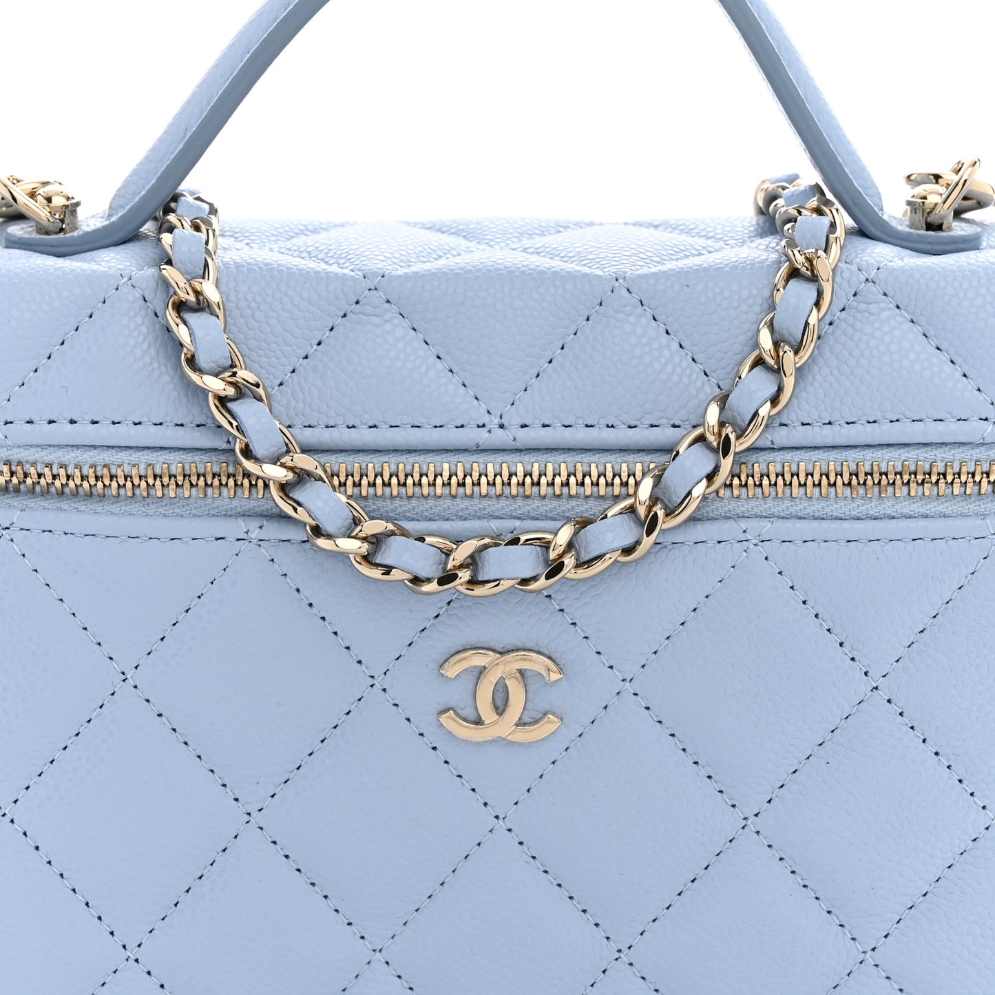 Caviar Quilted Top Handle Slim Vanity With Chain Light Blue