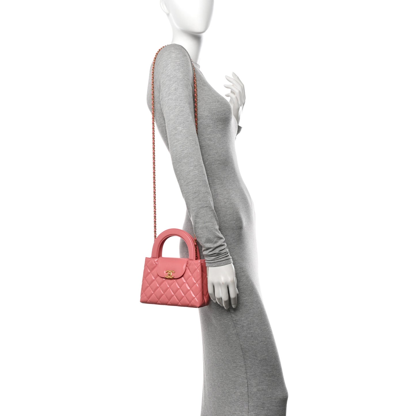 Shiny Aged Calfskin Quilted Nano Kelly Shopper Coral Pink