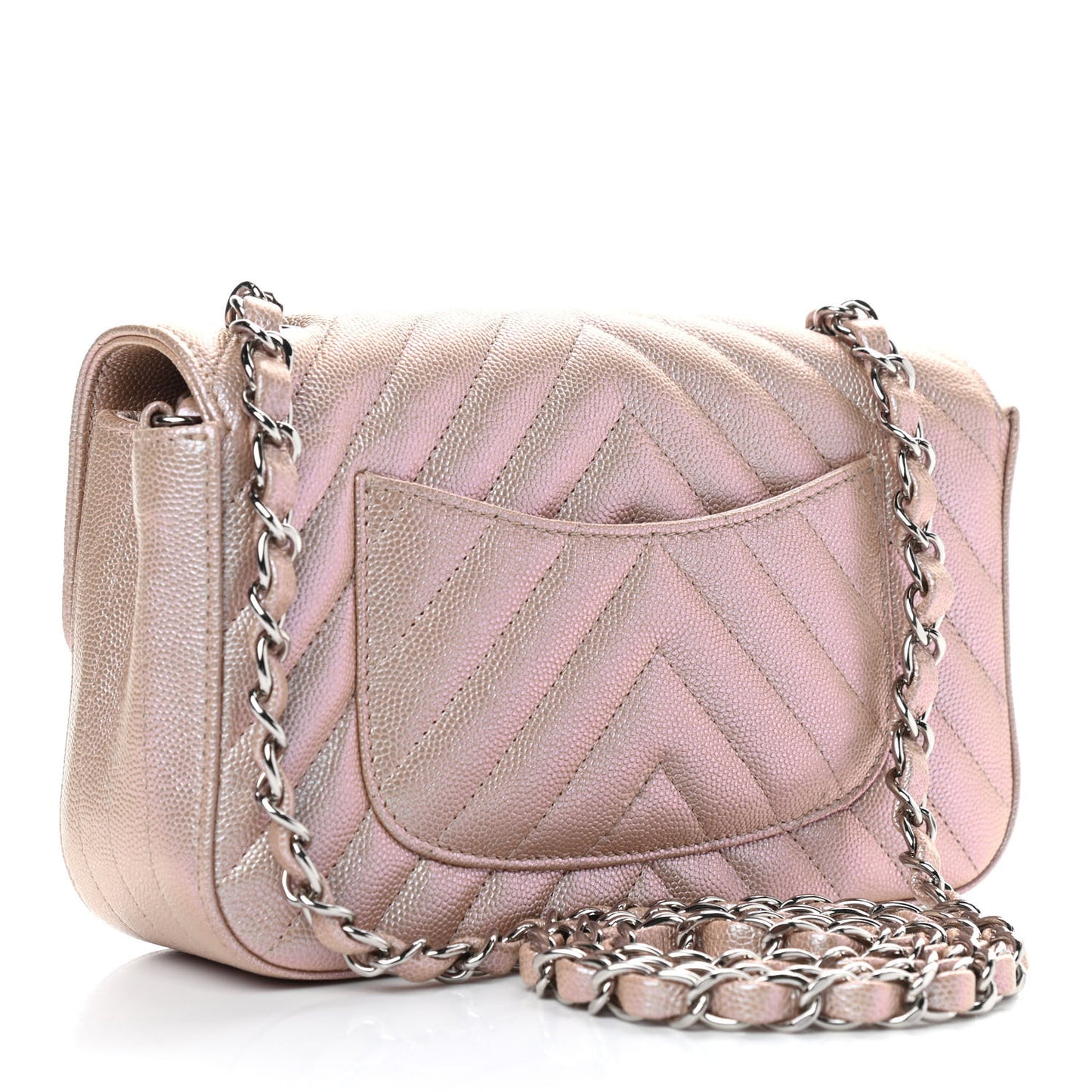 Iridescent Caviar Chevron Quilted Mini Rectangular Flap Light Gold
