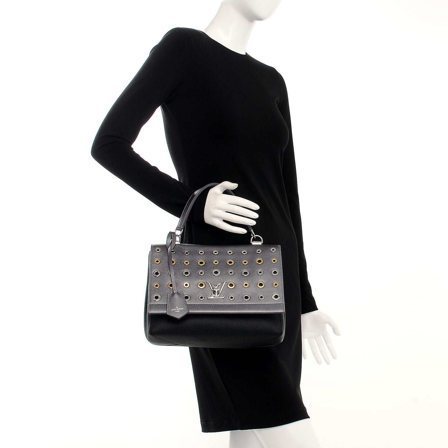 Soft Calfskin Eyelet Lockme II Top Handle Gris Silver
