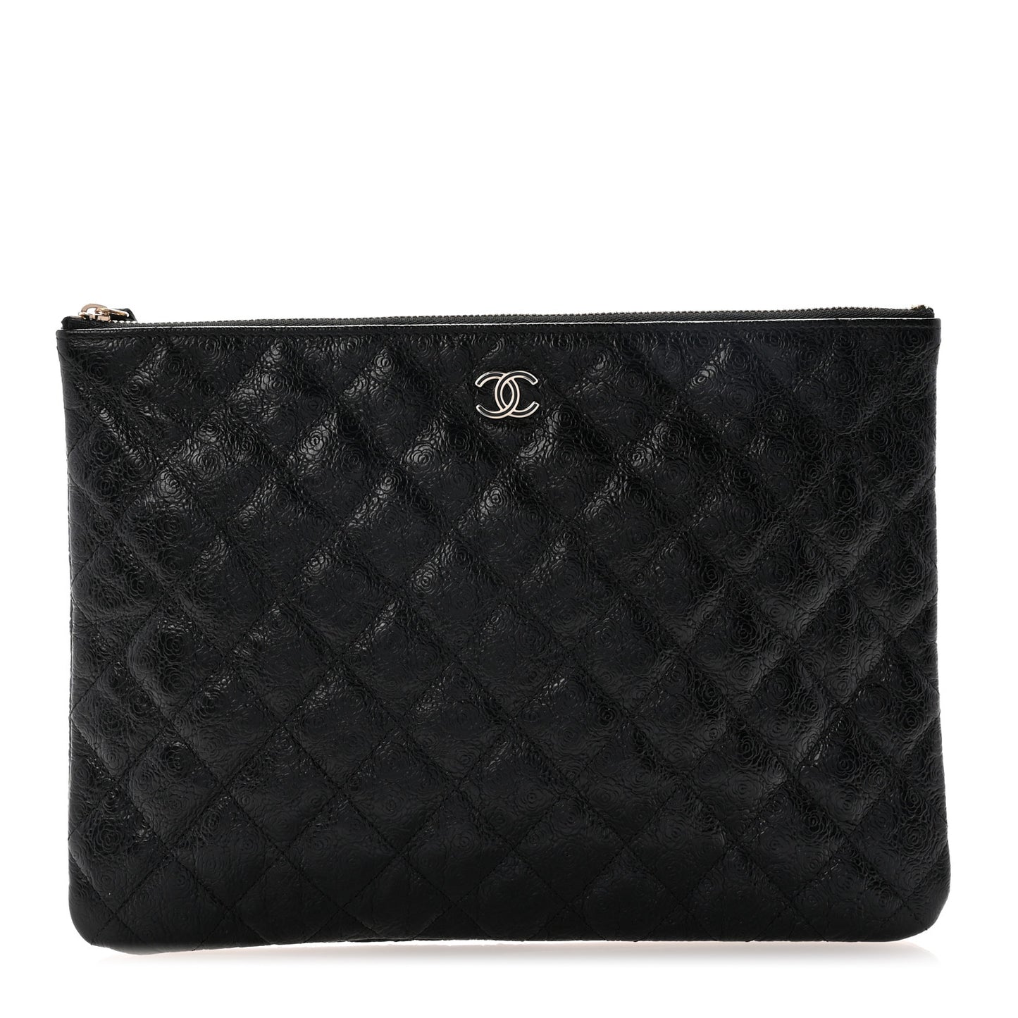 Calfskin Camellia Embossed Quilted Medium Cosmetic Case Black