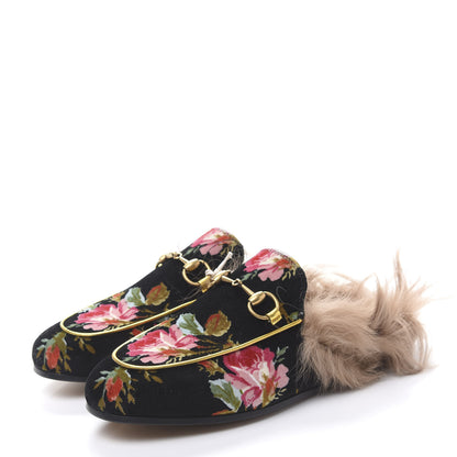Gucci Velvet Fur Floral Womens Princetown Slippers 35.5 Black 3 of 8